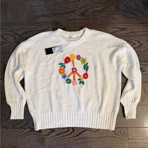 New With Tags Minnie Rose Cream Sweater with Floral Embroidered Peace Sign